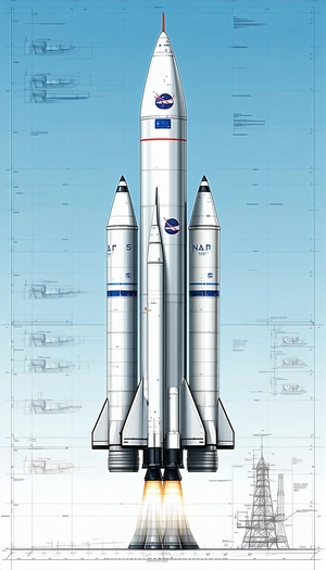 A Space Shuttle Is Shown In A Drawing, With Its Two Rockets Attached