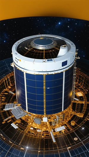 A Large Satellite Dish With A Blue And Gold Color Scheme