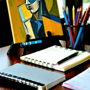 Business Oil Painting: Workplace with notebooks and pens on desk