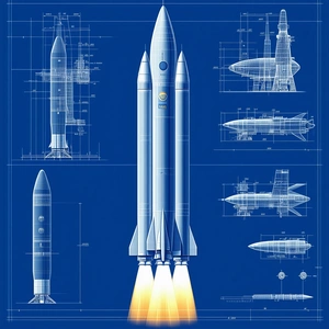 A Blue Illustration Of A Rocket Is Shown, With A Close-up Of The Rocket's Engine