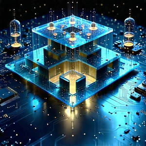 Quantum Computer With Data Streams With Blue, Three-dimensional