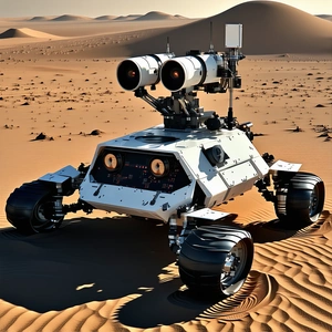 A White Robotic Vehicle With A Large Camera Mounted On Top Of It