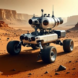 A Futuristic Robot Is Driving Across A Desert Landscape