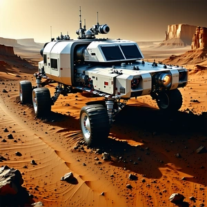 A Futuristic Vehicle Is Driving Across A Rocky Terrain, With A Large Rocky Hill In The Background