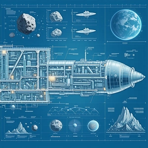 A Blue And White Drawing Of A Space Ship Is Displayed