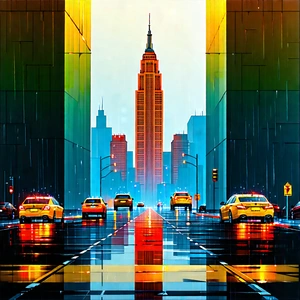 Urban Vector Art: Famous building with rain-slicked streets