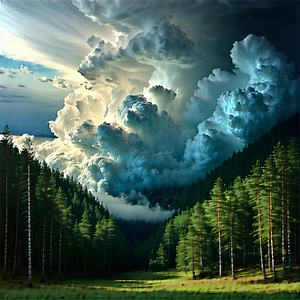 Nature Lithograph: Dramatic Clouds Over (forest:1.25) Clearing With Lush Green