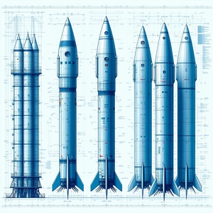 A Blue Rocket Ship Is Shown In A Drawing, With Three Other Rocket Ships Lined Up Behind It