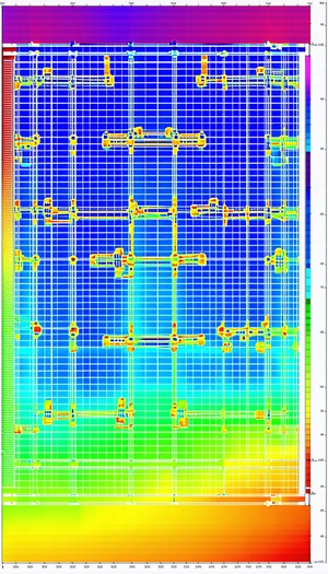 The Image Is A Blue Grid With Yellow Lines Running Through It