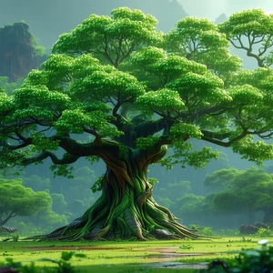 Nature Flat Design: Ancient (tree:1.4) In Rainy Season With Large, Lush
