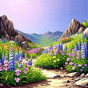 Nature Technical Illustration: Wildflowers In Rocky Terrain With Beautiful, Lush