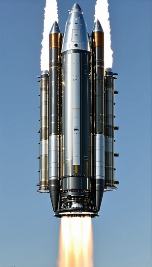 A Large Rocket Ship Is Flying Through The Sky, With A Bright Flame Coming From The Bottom Of It