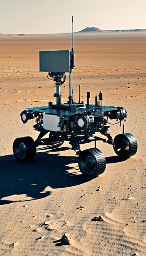 A Large Robotic Vehicle, Possibly A Rover, Sitting On A Dirt Surface