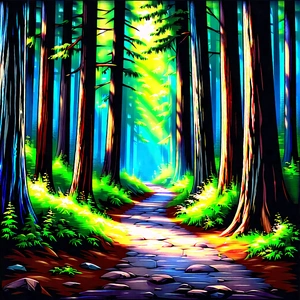 Nature Pastel Drawing: Path Through Redwood Forest With Forest Path