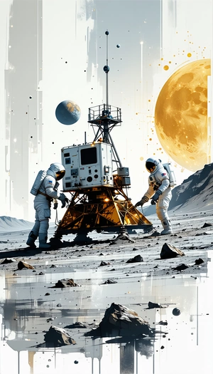 In The Image, There Are Three Astronauts Standing On The Moon, Working On A Space Station