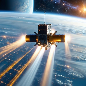 A Spacecraft Is Flying Through The Air, Leaving A Trail Of Light Behind It