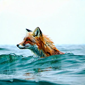 Nature Editorial Photography: Fox In Ocean Waters With Swimming Ocean,