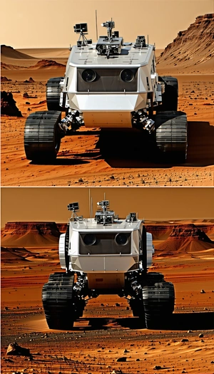 A White Robotic Vehicle With Two Large Wheels, Driving On A Dirt Road