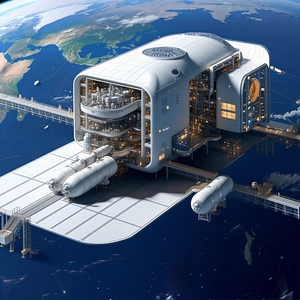 A Large White Building Is Shown In A 3d Perspective, With A Blue Background