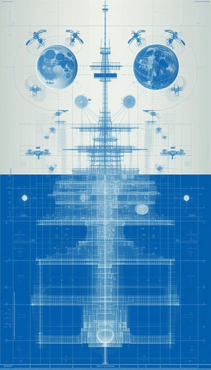 A Blue Drawing Of A Space Station Is Shown, With A Large Tower In The Center
