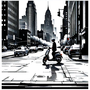 Urban Woodcut Print: City electric scooter in main avenue