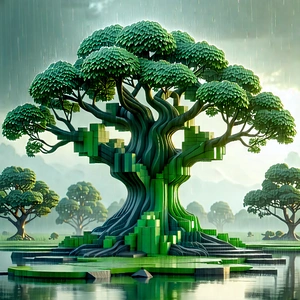 Nature Geometric Design: (ancient:1.2) (tree:1.48) In Rainy Season With Large, Green