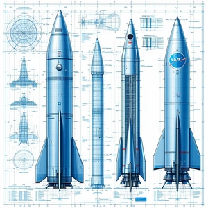 A Blue Rocket Ship Is Shown In A Drawing, With A Smaller Rocket Ship Next To It