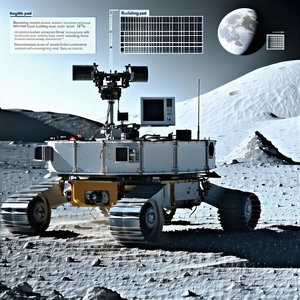 A White Robotic Vehicle Is Parked On The Surface Of The Moon