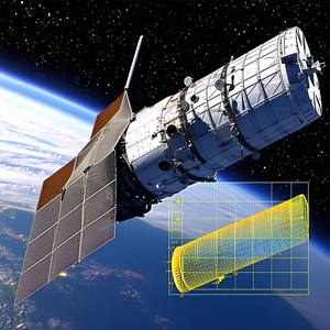 A Spacecraft With A Large Dish Antenna On Its Side, Flying Through The Sky