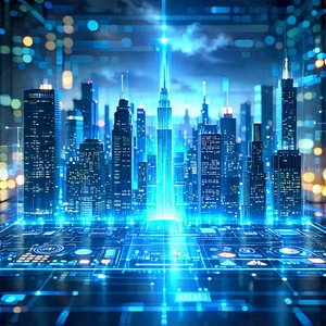 Financial Technology In Tech Office With Futuristic Cityscape