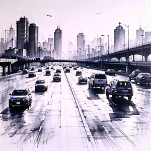 Urban Charcoal Drawing: Cityscape Of Coastal City During Rush Hour With Image, Busy
