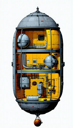 A Yellow And Orange Space Ship Is Shown In A Detailed Drawing