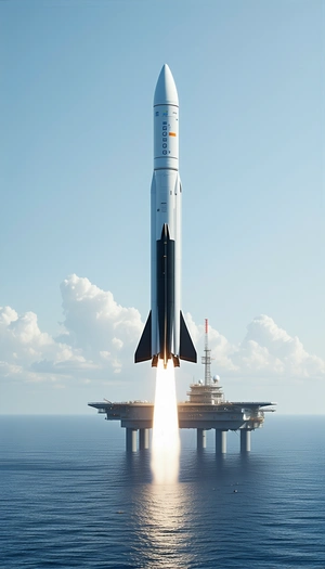A Rocket Launching From A Platform In The Ocean