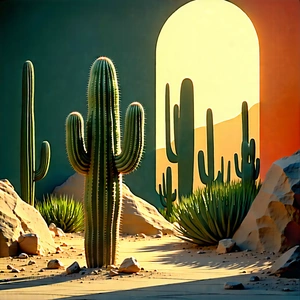 Nature Flat Design: Cactus In Sunlit Clearing With Image, There