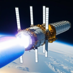 A Space Shuttle With A Blue Light Coming From It, Possibly A Laser Beam