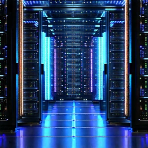Server Rack With Holographic Projection With Large, Blue-lit