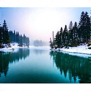 Nature Landscape Photography: Crystal Clear Lake Surrounded By (snow:1.47)-covered (trees:1.15) With Serene Lake