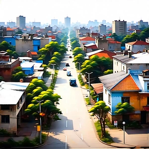 Urban Watercolor Painting: Aerial View Of Urban Renewal Area With City Street