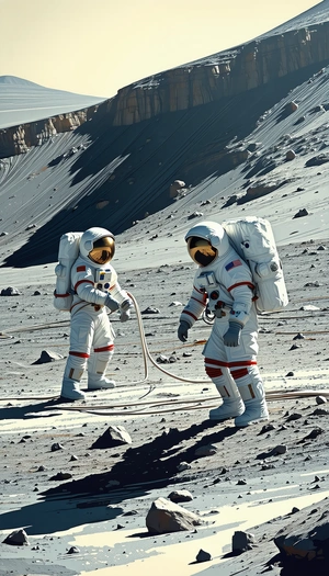 In The Image, Two Astronauts Are Standing On A Rocky Surface, Possibly On The Moon