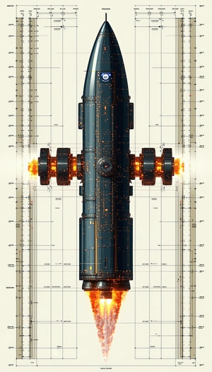 A Large, Futuristic Spacecraft Is Shown In A Drawing, With Its Front End Facing The Viewer