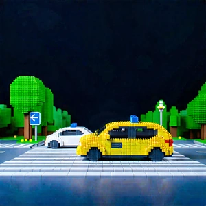 Urban Voxel Art: City Rideshare In Busy Intersection With Yellow Taxi