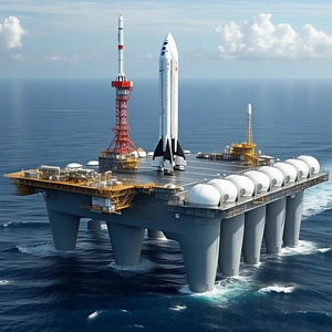A Large White Space Shuttle Is Docked On A Floating Platform In The Ocean