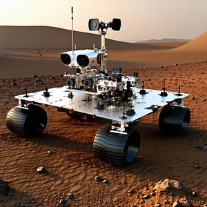 A Large Robotic Vehicle, Possibly A Rover, Sitting On A Rocky Surface
