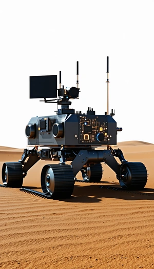 A Large Robotic Vehicle With A Flat Screen Tv Mounted On Its Front