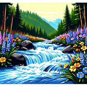 Nature Linocut Print: Rushing River Surrounded By Wildflowers With Beautiful Waterfall