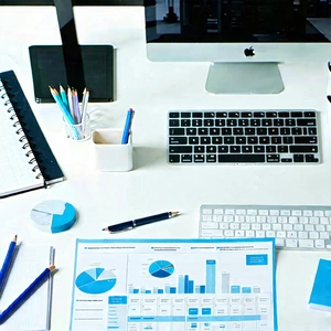 Business Infographic Style: Workplace with modern office supplies on desk