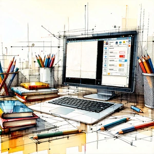 Tech Ink Drawing: Educational Technology In Tech Office With Computer Desk