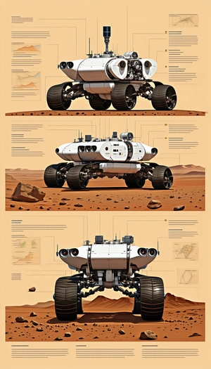 The Image Is A Poster That Features A Large Robotic Vehicle With Four Wheels