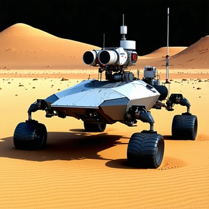 A Futuristic Robotic Vehicle Is Sitting On A Sandy Surface, Possibly A Desert