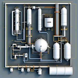 The Image Is A 3d Model Of A Chemical Plant, Featuring A Large White Tank And Several Pipes